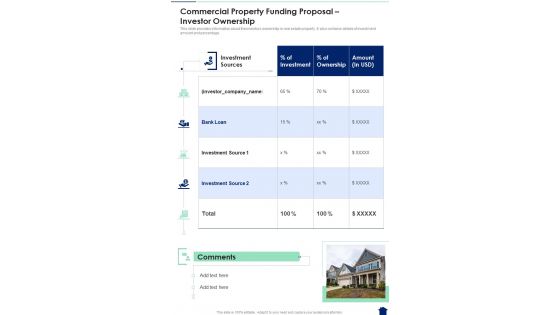 Commercial Property Funding Proposal Investor Ownership One Pager Sample Example Document