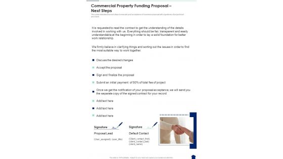 Commercial Property Funding Proposal Next Steps One Pager Sample Example Document