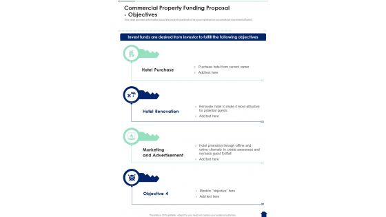 Commercial Property Funding Proposal Objectives One Pager Sample Example Document