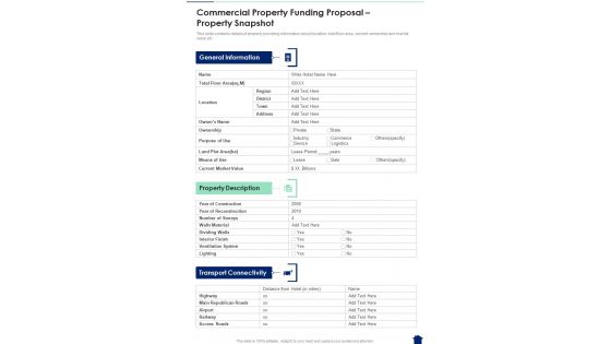 Commercial Property Funding Proposal Property Snapshot One Pager Sample Example Document