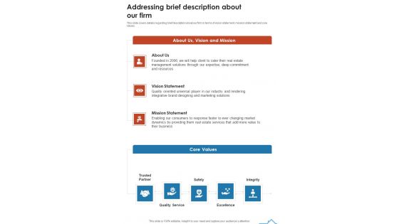 Commercial Real Estate Property Development Addressing Brief Description One Pager Sample Example Document