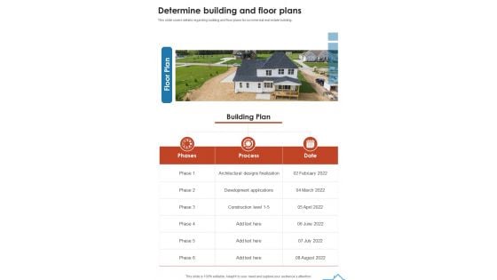 Commercial Real Estate Property Development Determine Building And Floor One Pager Sample Example Document