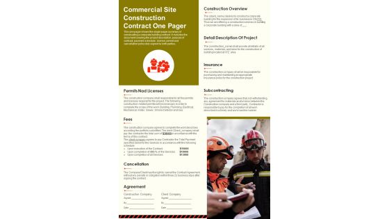 Commercial Site Construction Contract One Pager PDF Document PPT Template