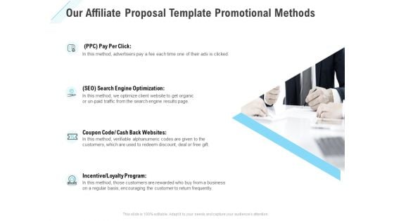 Commission Based Marketing Our Affiliate Proposal Template Promotional Methods Ppt Pictures Demonstration PDF