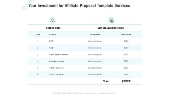 Commission Based Marketing Your Investment For Affiliate Proposal Template Services Ppt Layouts Maker PDF Commission Based Marketing Your Investment For Affiliate Proposal Template Services Ppt Layouts Maker PDF