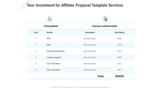 Commission Based Marketing Your Investment For Affiliate Proposal Template Services Ppt Layouts Maker PDF