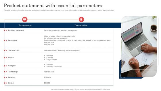 Commodity Launch Administration Playbook Product Statement With Essential Parameters Infographics PDF