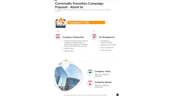 Commodity Promotion Campaign Proposal About Us One Pager Sample Example Document