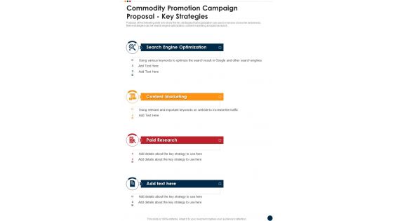 Commodity Promotion Campaign Proposal Key Strategies One Pager Sample Example Document