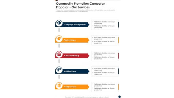 Commodity Promotion Campaign Proposal Our Services One Pager Sample Example Document