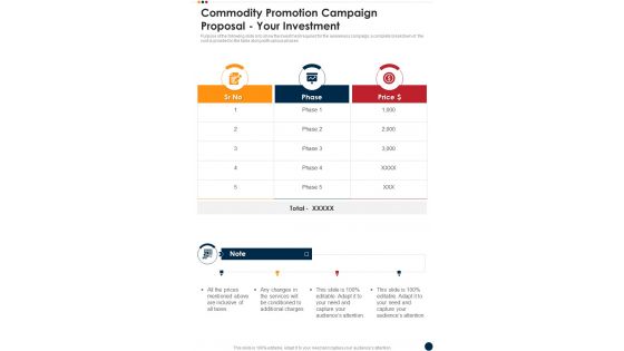 Commodity Promotion Campaign Proposal Your Investment One Pager Sample Example Document Commodity Promotion Campaign Proposal Your Investment One Pager Sample Example Document