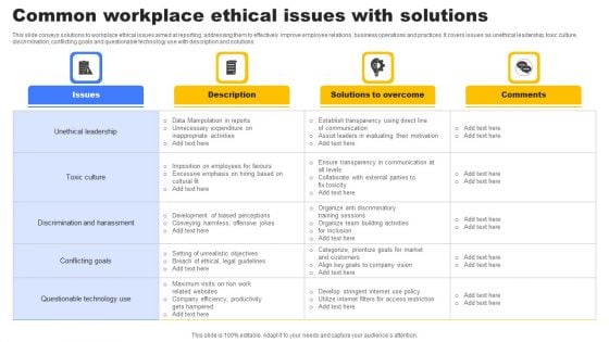Common Workplace Ethical Issues With Solutions Designs PDF Common Workplace Ethical Issues With Solutions Designs PDF