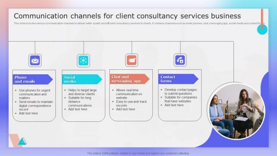Communication Channels For Client Consultancy Services Business Ppt Pictures Infographics PDF