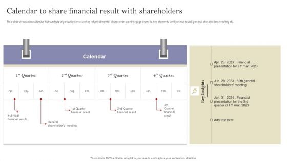 Communication Means And Techniques Calendar To Share Financial Result With Shareholders Designs PDF