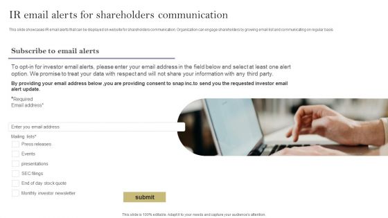 Communication Means And Techniques Ir Email Alerts For Shareholders Communication Icons PDF