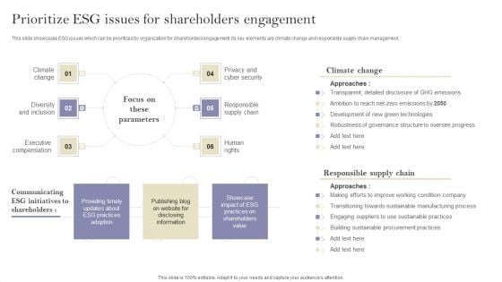 Communication Means And Techniques Prioritize Esg Issues For Shareholders Engagement Themes PDF