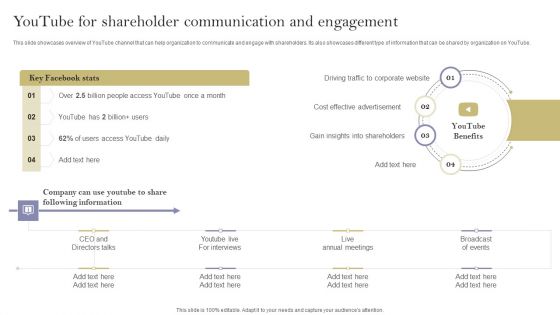 Communication Means And Techniques Youtube For Shareholder Communication And Engagement Mockup PDF