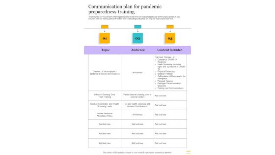 Communication Plan For Pandemic Preparedness Training One Pager Sample Example Document