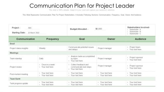 Communication Plan For Project Leader Ppt PowerPoint Presentation File Shapes PDF Communication Plan For Project Leader Ppt PowerPoint Presentation File Shapes PDF