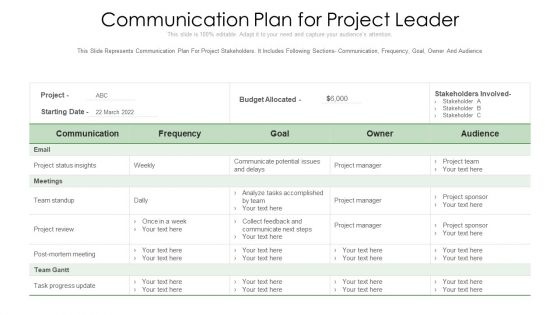 Communication Plan For Project Leader Ppt PowerPoint Presentation File Shapes PDF