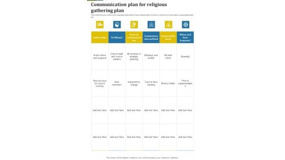 Communication Plan For Religious Gathering Plan One Pager Sample Example Document