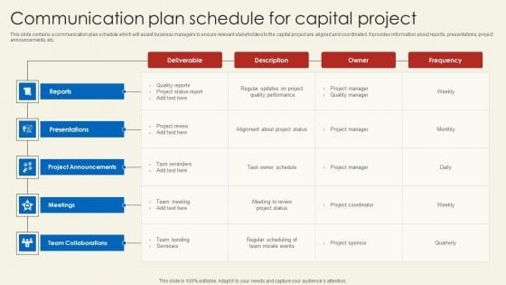 Communication Plan Schedule For Capital Project Professional PDF