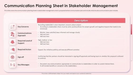 Communication Planning Sheet In Stakeholder Management Demonstration PDF