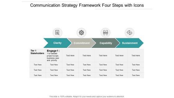 Communication Strategy Framework Four Steps With Icons Ppt PowerPoint Presentation Styles Slideshow