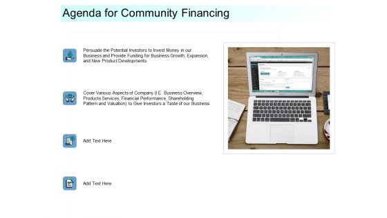 Community Capitalization Pitch Deck Agenda For Community Financing Introduction PDF Community Capitalization Pitch Deck Agenda For Community Financing Introduction PDF