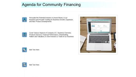 Community Capitalization Pitch Deck Agenda For Community Financing Introduction PDF