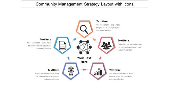 Community Management Strategy Layout With Icons Ppt PowerPoint Presentation Gallery Portfolio PDF