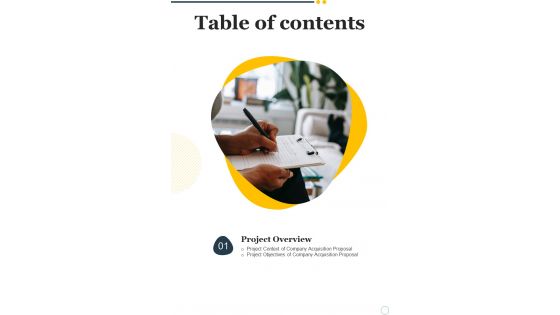 Company Acquisition Proposal Table Of Contents One Pager Sample Example Document Company Acquisition Proposal Table Of Contents One Pager Sample Example Document