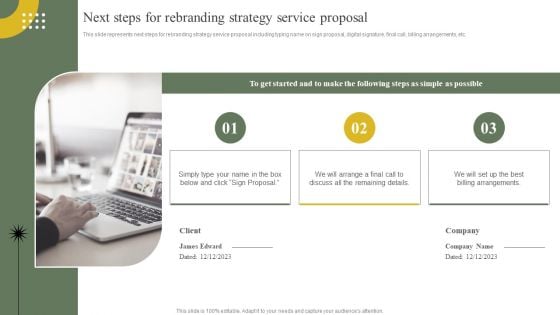 Company Advertising Solutions Next Steps For Rebranding Strategy Service Proposal Graphics PDF