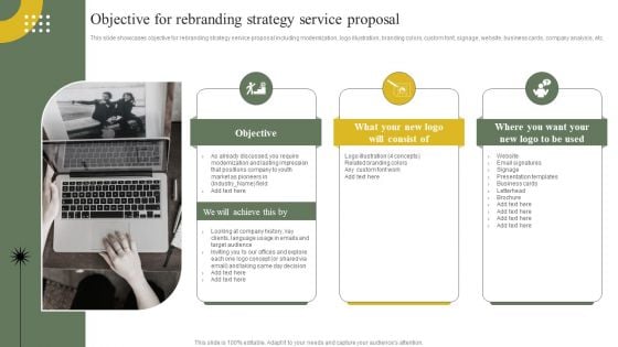 Company Advertising Solutions Objective For Rebranding Strategy Service Proposal Infographics PDF