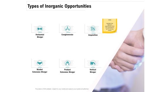 Company Amalgamation Types Of Inorganic Opportunities Merger Ppt Infographics Ideas PDF