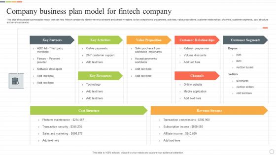 Company Business Plan Model For Fintech Company Structure PDF