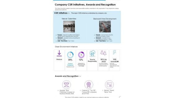 Company CSR Initiative Awards And Recognition Template 336 One Pager Documents Company CSR Initiative Awards And Recognition Template 336 One Pager Documents