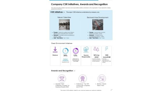 Company CSR Initiative Awards And Recognition Template 336 One Pager Documents