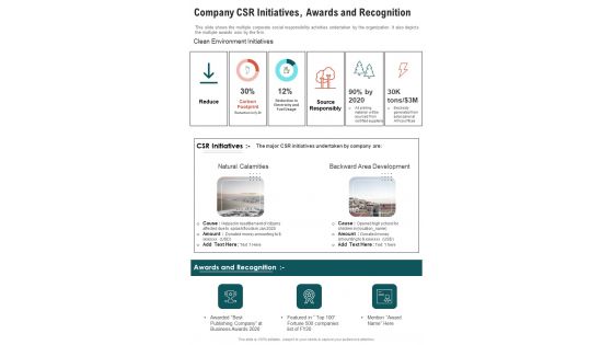 Company CSR Initiatives Awards And Recognition One Pager Documents