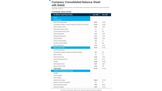 Company Consolidated Balance Sheet With Detail One Pager Documents