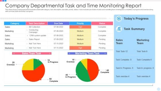 Company Departmental Task And Time Monitoring Report Clipart PDF