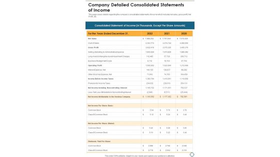 Company Detailed Consolidated Statements Of Income One Pager Documents