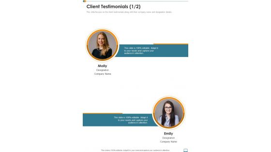 Company Development Proposal Client Testimonials One Pager Sample Example Document