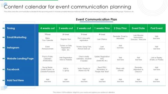 Company Event Communication Content Calendar For Event Communication Planning Template PDF