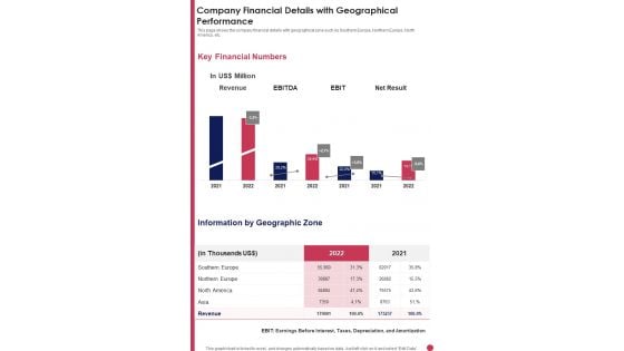 Company Financial Details With Geographical Performance Template 269 One Pager Documents