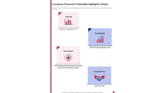 Company Financial Profitability Highlights Details Template 270 One Pager Documents