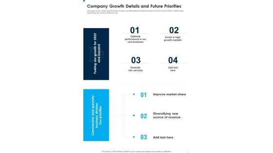 Company Growth Details And Future Priorities One Pager Documents