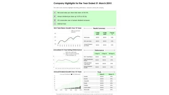 Company Highlights For The Year Ended 31 March 20XX One Pager Documents Company Highlights For The Year Ended 31 March 20XX One Pager Documents