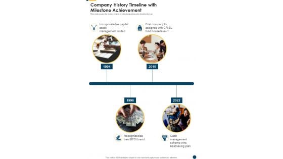 Company History Timeline With Milestone Achievement One Pager Documents