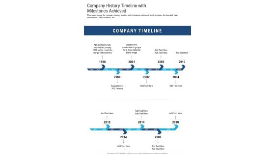 Company History Timeline With Milestones Achieved One Pager Documents